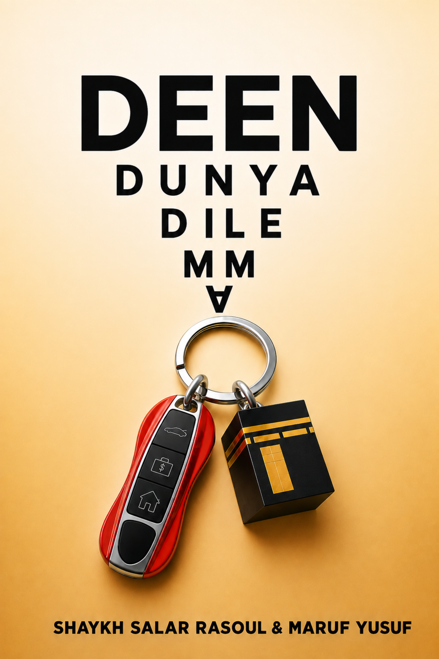 Front cover of Deen Dunya Dilemma: a car key and a Kaaba keychain on a gold background.